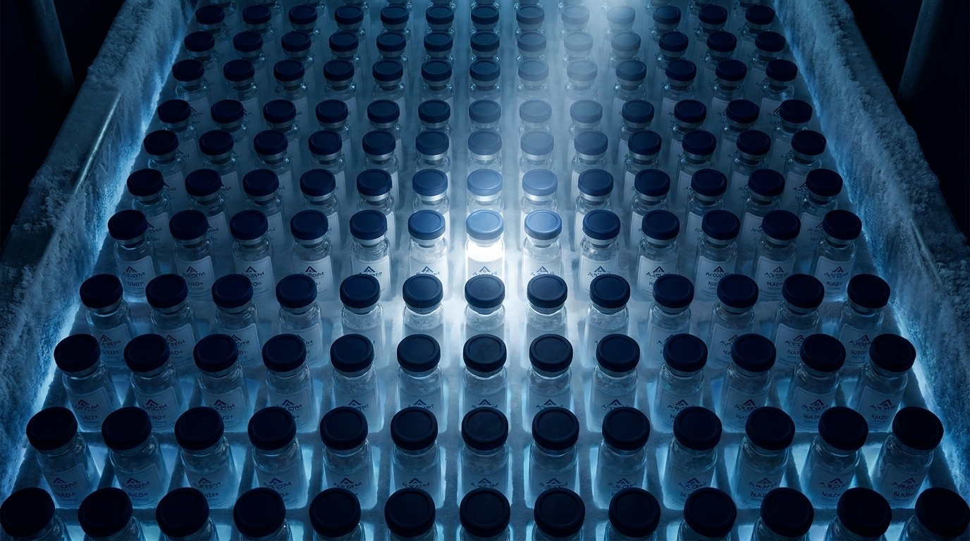 A rack of Axom Labs vials seen from above